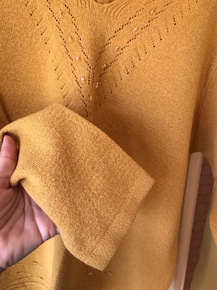 Sarı V Yaka Örgü Yün Kadın Kazak - Görsel 5