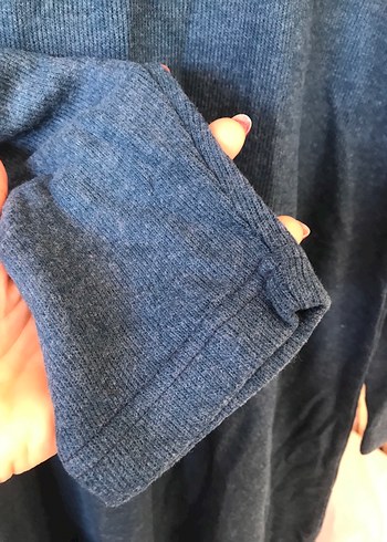 Uzun Kollu Mavi Keten Triko Elbise - Görsel 3