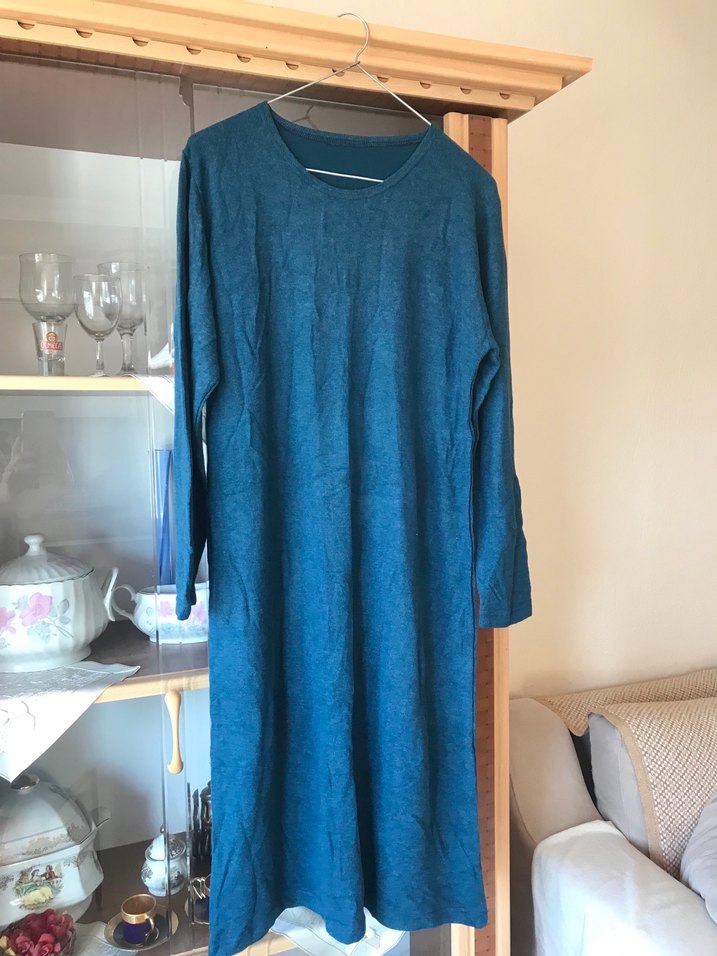 Uzun Kollu Mavi Keten Triko Elbise - Görsel 2