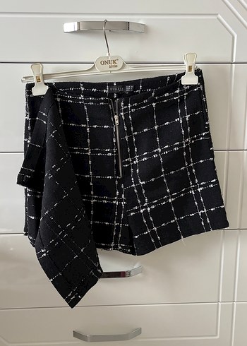 Siyah Ekoseli Fermuarlı Şortlu Mini Etek - Görsel 3