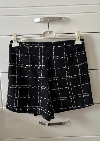 Siyah Ekoseli Fermuarlı Şortlu Mini Etek - Görsel 2