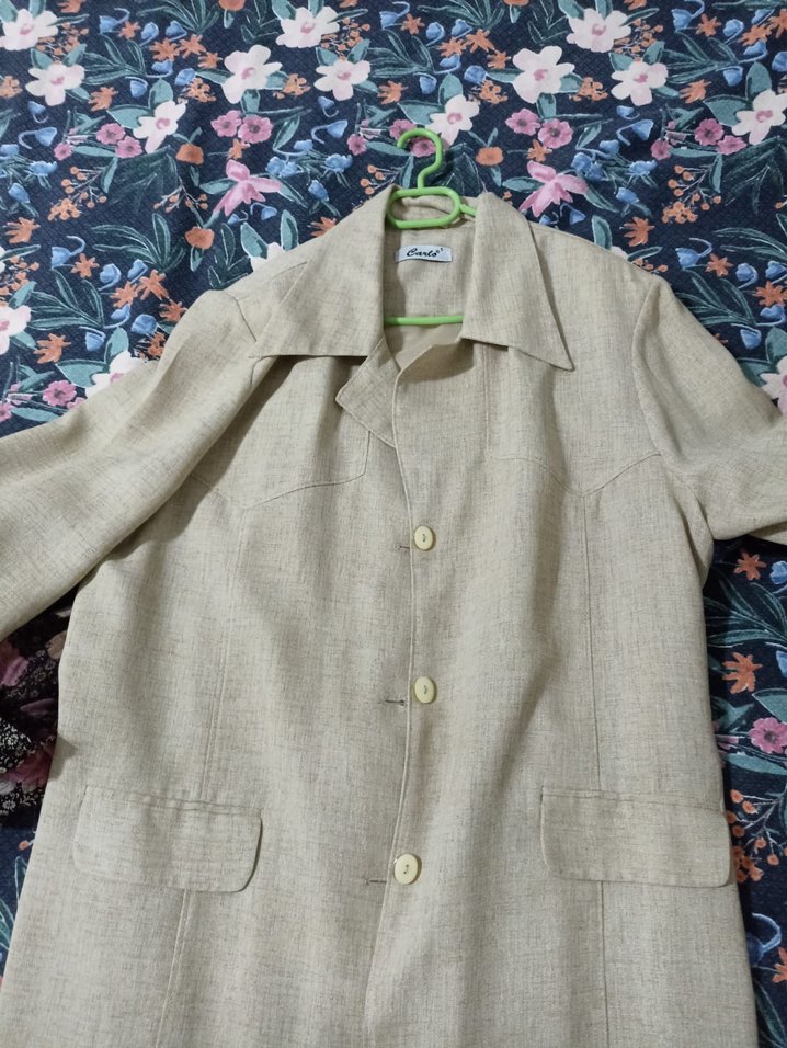 Bej Uzun Kollu Keten Ceket - Görsel 3