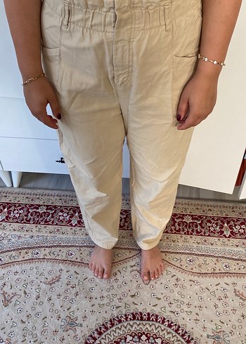 Bej Kadın Keten Rahat Kesim Pantolon