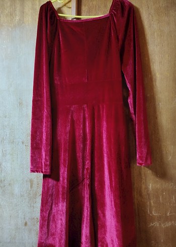 Bordo V Yaka Kadın Midi Elbise - Görsel 2