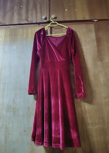 Bordo V Yaka Kadın Midi Elbise - Görsel 3