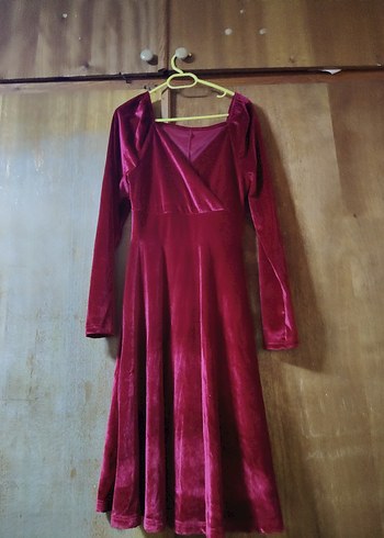 Bordo V Yaka Kadın Midi Elbise - Görsel 7