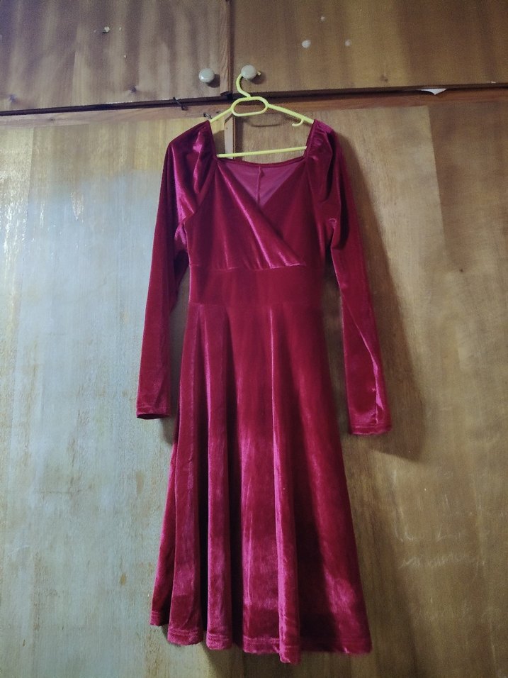 Bordo V Yaka Kadın Midi Elbise - Görsel 3