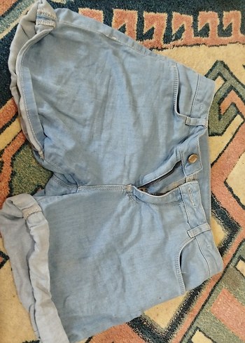 Düğmeli Gri Mavi Loose Fit Mini Kot Şort