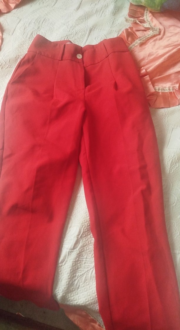 Düğmeli Kırmızı Kadın Kumaş Pantolon - Görsel 2