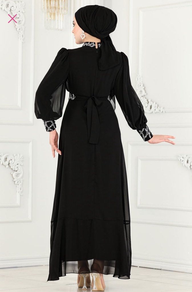 Drapeli Siyah Uzun Abiye Elbise - Görsel 4