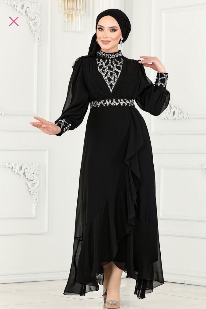 Drapeli Siyah Uzun Abiye Elbise - Görsel 2