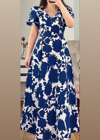 Lacivert V Yaka Düğmeli Elbise - Görsel 2