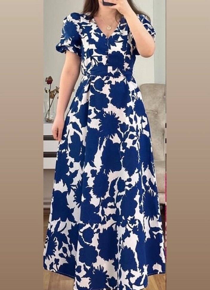 Lacivert V Yaka Düğmeli Elbise - Görsel 2