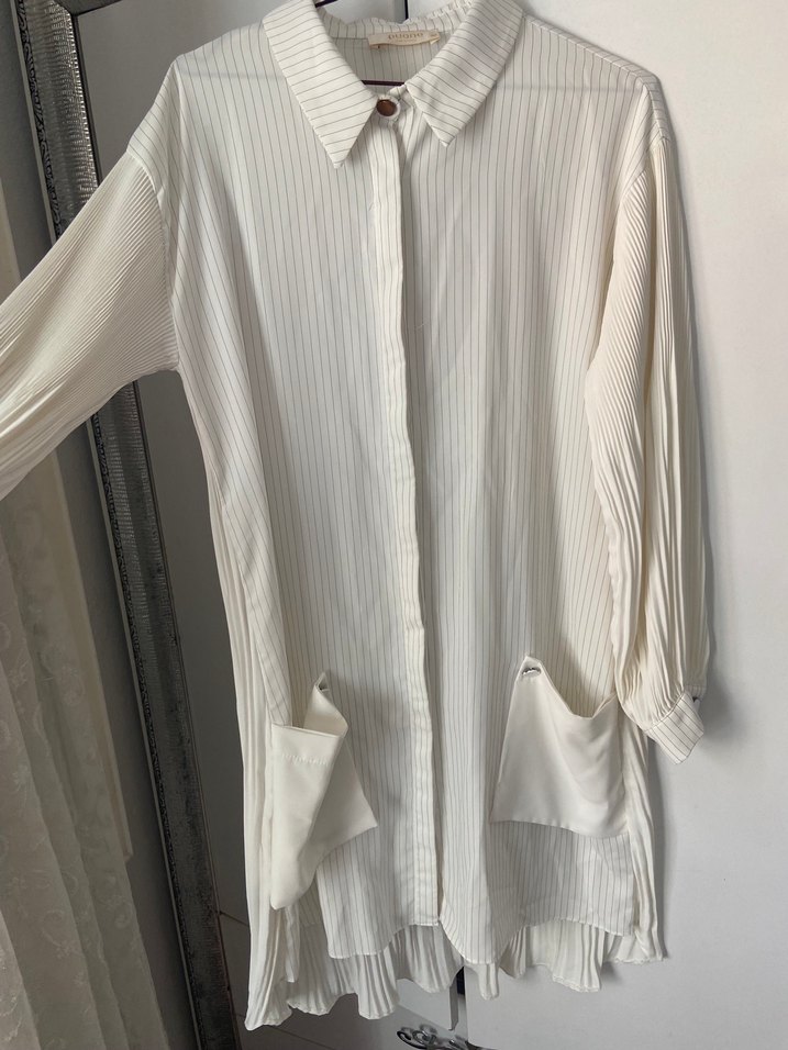 Piliseli Beyaz Keten Uzun Kollu Kadın Gömlek 38/40 beden uyumlu - Görsel 2