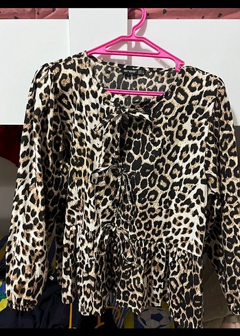 Leopar Desenli Kadın Bluz, Uzun Kollu, V Yaka