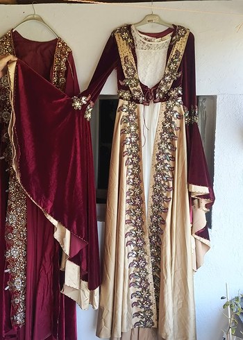 Bordo Nakışlı taşlı Uzun Kollu Saten/Kadife Bindallı