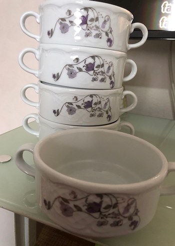 Mor ve Gri Çiçek Desenli Kulplu porselen Kase Seti - Görsel 2