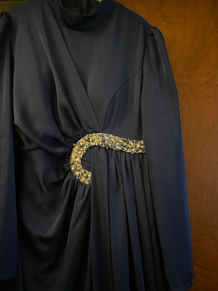 Lacivert Drapeli Uzun Abiye Elbise - Görsel 2