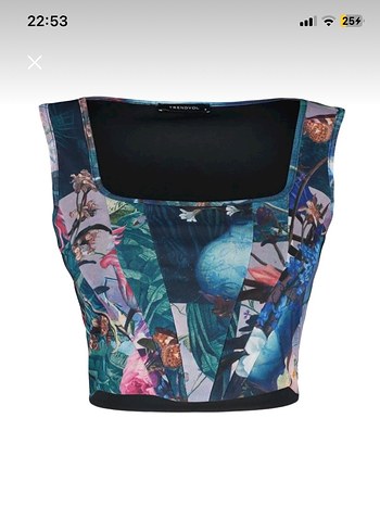 Çok Renkli Kare Yaka Slim Baskılı Tül Örme Bluz - Görsel 6