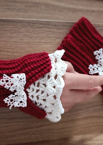 Victoria tarzı Bordo Dantel Detaylı Örgü Kadın Eldiveni - Görsel 5