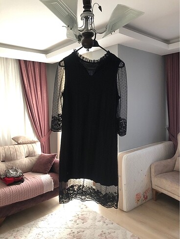 38 Beden Siyah dantelli midi elbise 38 beden