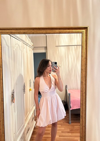 s Beden pembe Renk Pembe V Yakalı Midi Strappy Elbise