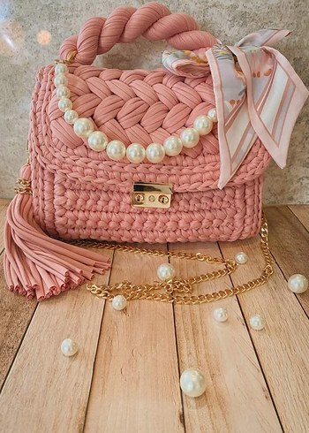 Pembe Örgü Kadın Çanta İnci Detaylı