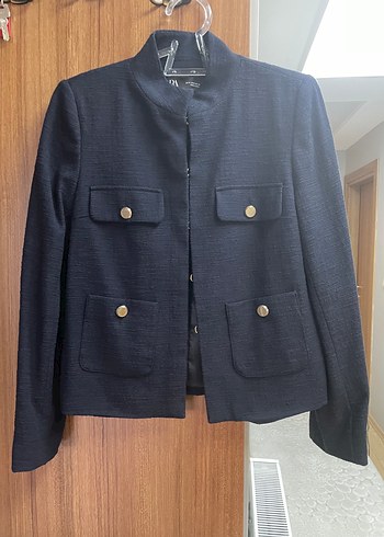Zara marka Düğmeli Lacivert Midi Kadın Tüvit ceket