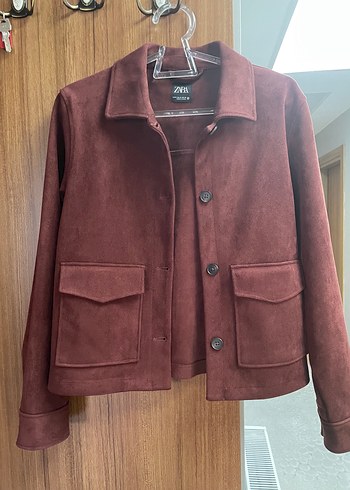 Zara Zara marka Bordo Süet Kadın Ceket, Düğmeli, Rahat Kesim