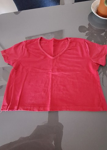 Pembe V Yaka Kısa Kollu krop Tişört - Görsel 2