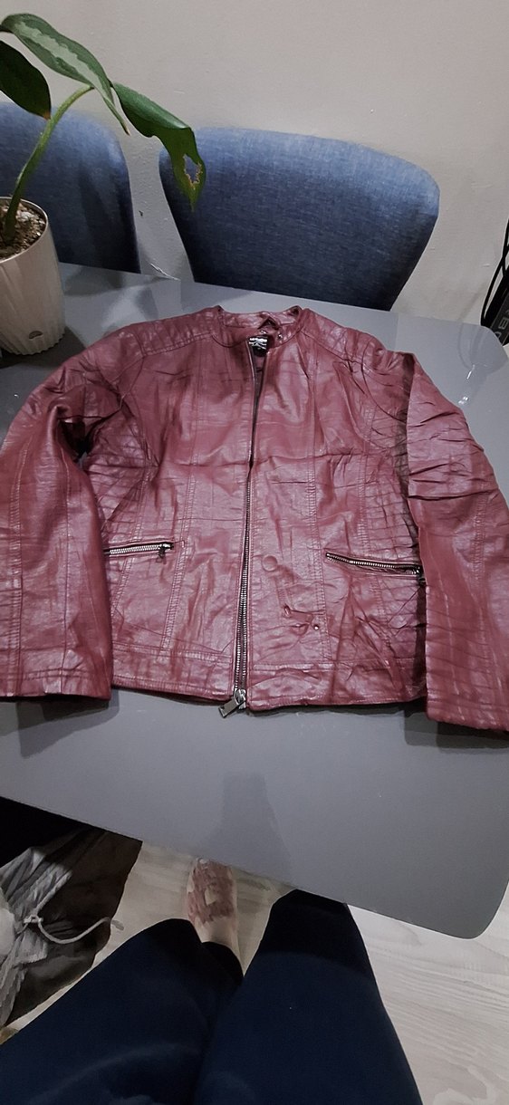 Bordo Kadın Deri Motorcu Ceket - Görsel 2