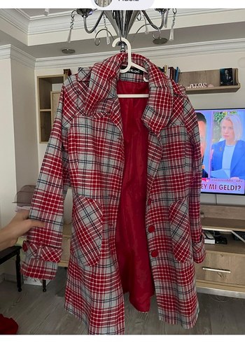 Kırmızı Gri Ekose Düğmeli Midi Kadın Kaban l beden - Görsel 4