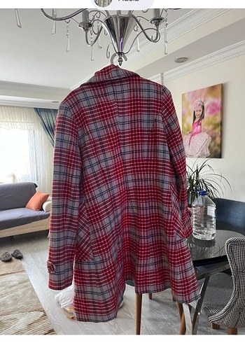 Kırmızı Gri Ekose Düğmeli Midi Kadın Kaban l beden - Görsel 3
