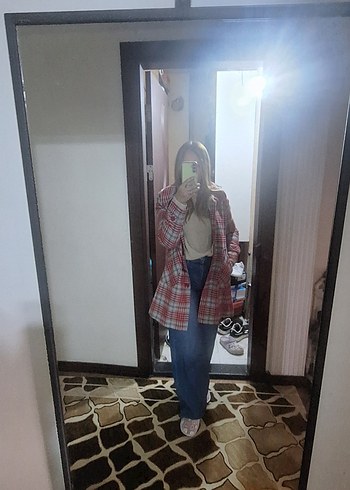 Kırmızı Gri Ekose Düğmeli Midi Kadın Kaban l beden - Görsel 2