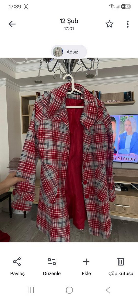 Kırmızı Gri Ekose Düğmeli Midi Kadın Kaban l beden - Görsel 4