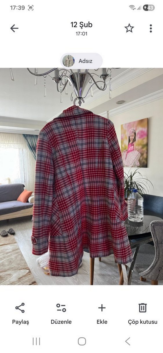 Kırmızı Gri Ekose Düğmeli Midi Kadın Kaban l beden - Görsel 3