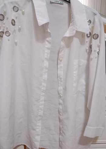 Düğmeli Beyaz Keten Kadın Gömlek - Görsel 2