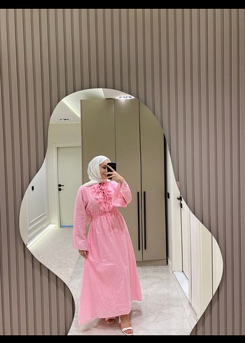 Uzun Kol, Fırfırlı Pudra Pembe Tesettür Elbise