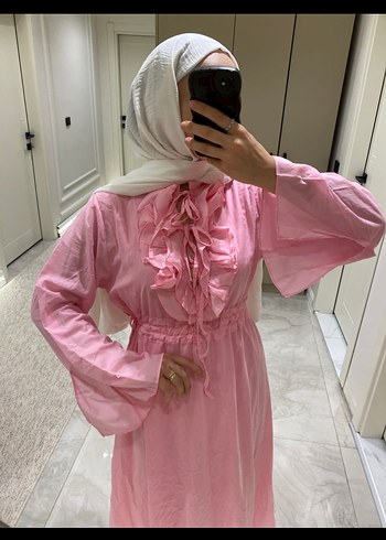 universal Beden Uzun Kol, Fırfırlı Pudra Pembe Tesettür Elbise