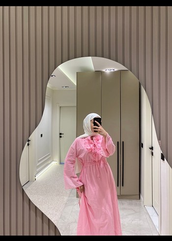 Diğer Uzun Kol, Fırfırlı Pudra Pembe Tesettür Elbise