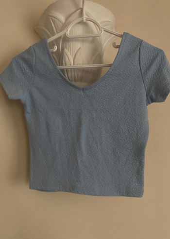 Mavi V Yaka Kısa Kollu Crop Top