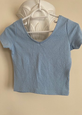 Diğer Mavi V Yaka Kısa Kollu Crop Top