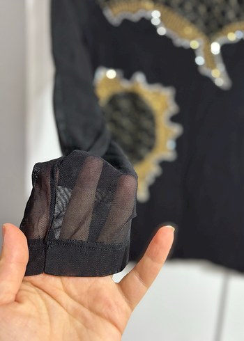 l Beden siyah Renk Siyah Uzun Kollu taş detaylı model