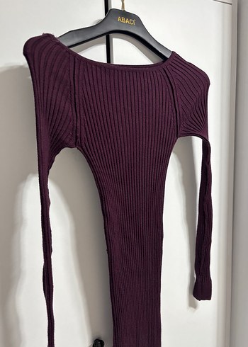 Bordo Yüksek Yakalı Uzun Triko Elbise - Görsel 2