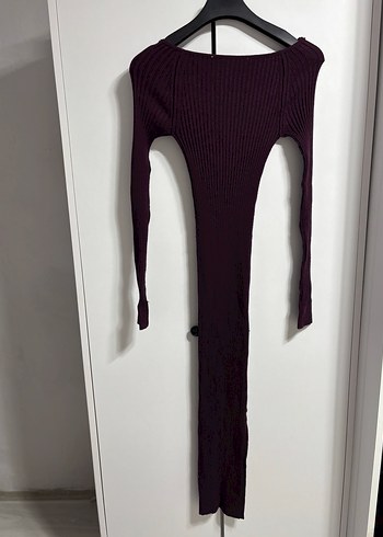 Bordo Yüksek Yakalı Uzun Triko Elbise - Görsel 4