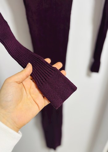 Bordo Yüksek Yakalı Uzun Triko Elbise - Görsel 3