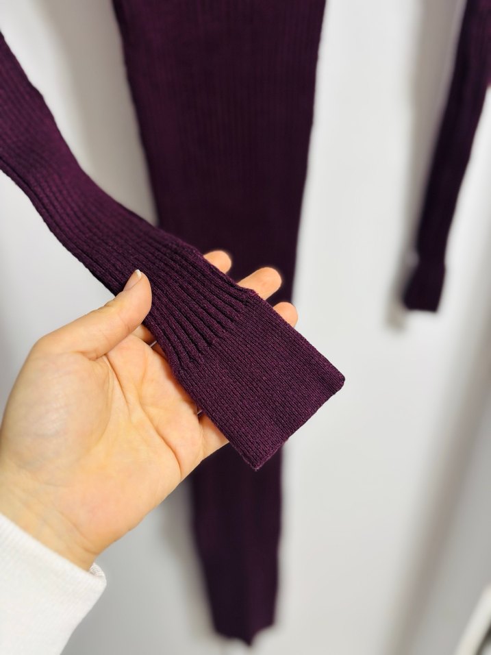 Bordo Yüksek Yakalı Uzun Triko Elbise - Görsel 3