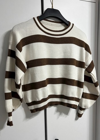 Kahverengi Çizgili Kadın Triko Kazak - Görsel 2