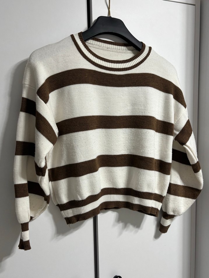 Kahverengi Çizgili Kadın Triko Kazak - Görsel 2