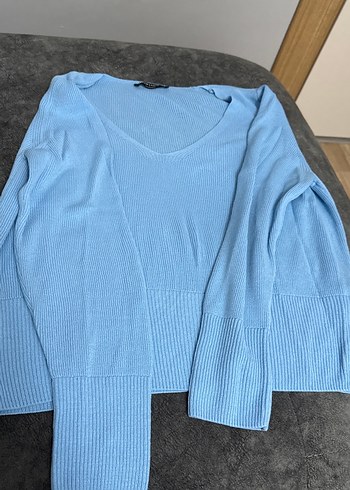 Mavi V Yaka Uzun Kollu Triko Kazak - Görsel 2